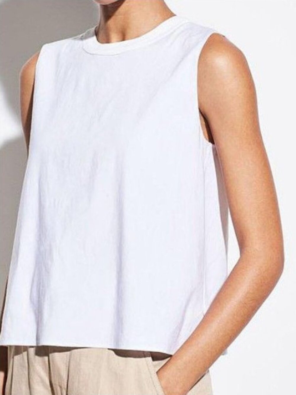 NWT $175 Vince White Ribbed Trim Linen Blend Shell Sleeveless Top Blouse SIZE XS
